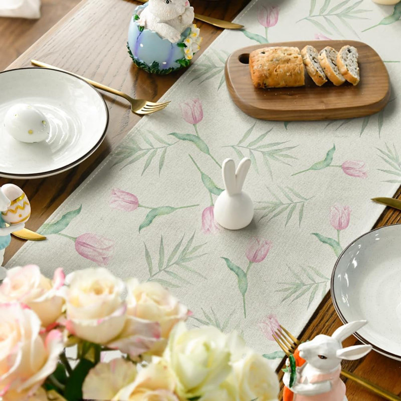 Bunny Rabbit Tulip Flowers Easter Table Runner, Seasonal Spring Kitchen Dining Table Decoration For Home Party Decor