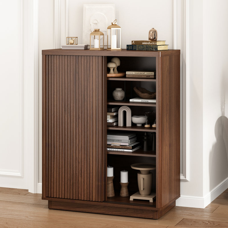 24 Pair Shoe Storage Cabinet With Fluted Sliding Door 6-Tier Shelves Freestanding Shoe Rack, Brown Wood