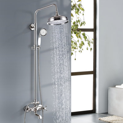 Brushed Nickel Exposed Shower Faucet Set Rain Shower System Fixture Wall Mounted