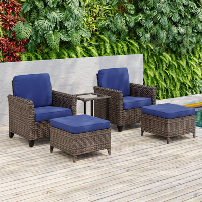 5-Piece Patio Outdoor All-Weather Brown Wicker Conversation Set Curved Arm Swivel Glider, Side Table, Ottomans