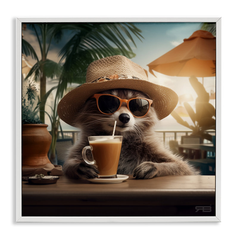 Art animal en sirotant une boisson tropicale giclée par RB, Cadre blanc, H 24 po x l 24 po