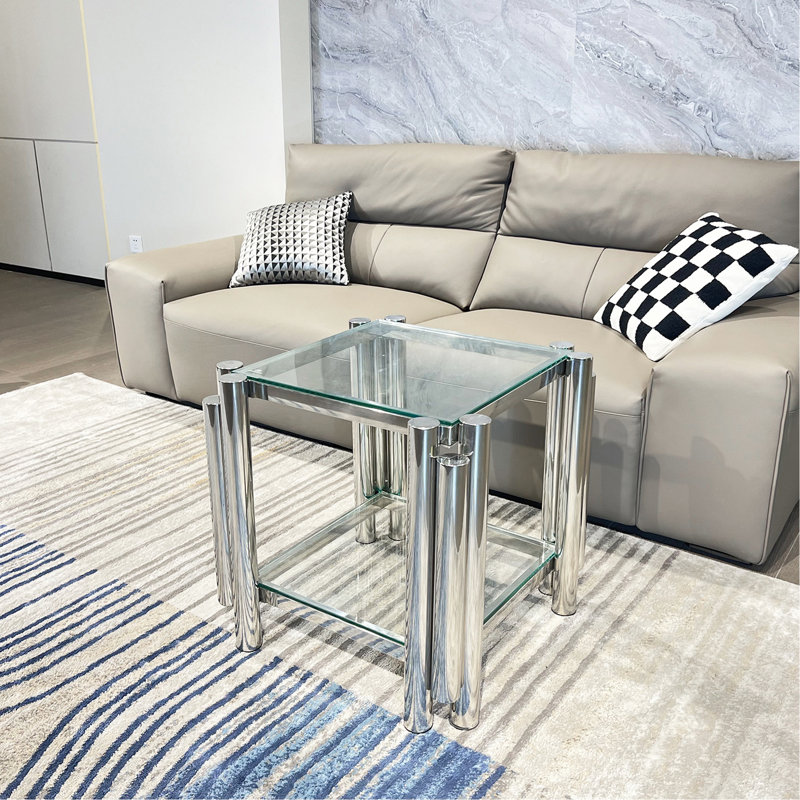 Table d'appoint de salon carrée de 20 pouces, acier inoxydable moderne avec verre trempé transparent à double couche, rangement, table de bureau argentée de conception industrielle
