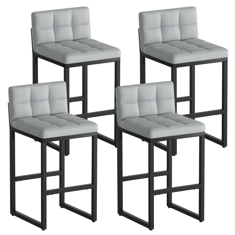 Sturdy Modern Low-Back Counter Height Bar Stools with Metal Frame and Faux Leather Upholstery, Light Gray, 4