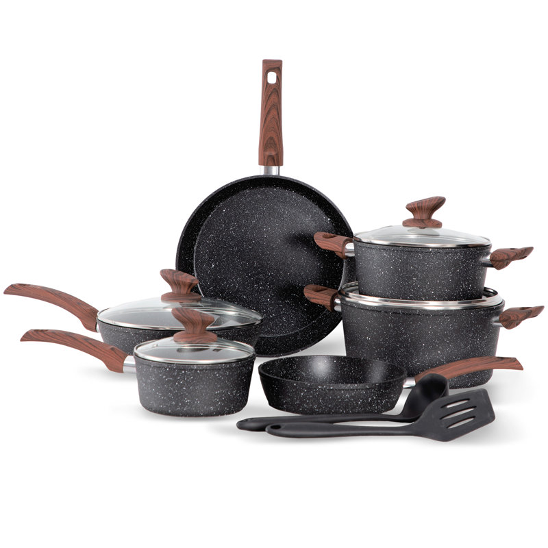 8 - Piece Non-Stick Aluminum Cookware Set, Matte Black/Brown