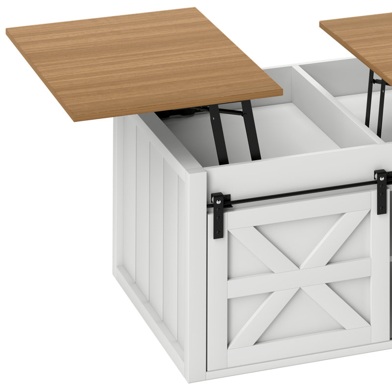 48" 2 Way Lift Top Farmhouse Coffee Table With Hidden Storage and Sliding Barn Doors