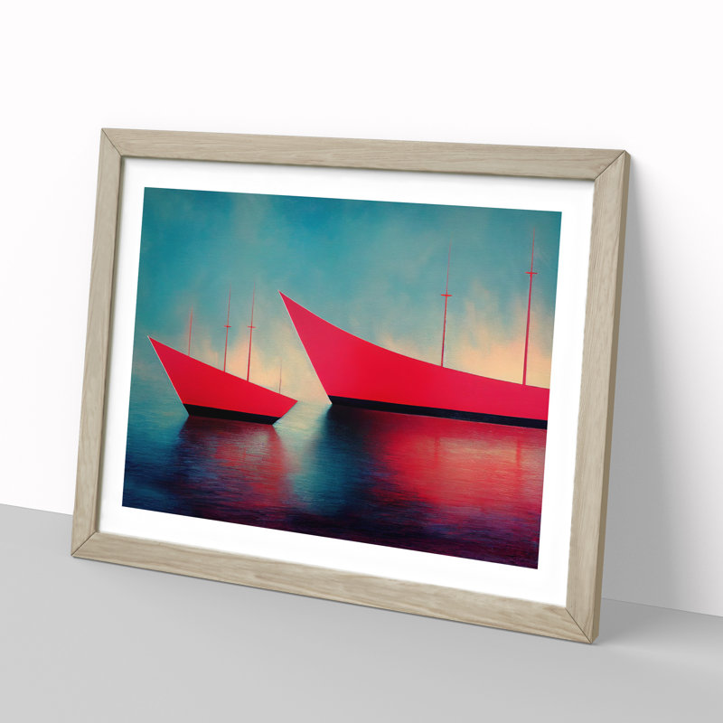 Two Modern Ships Abstract 1 Piece Single Picture Frame Wall Art, 25cm H x 34cm W x 2cm D, Oak