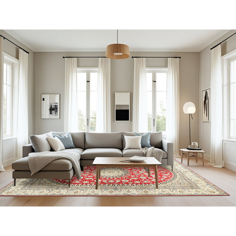 Tapis traditionnel crème / gris / rouge, Rectangle 8 pi x 12 pi