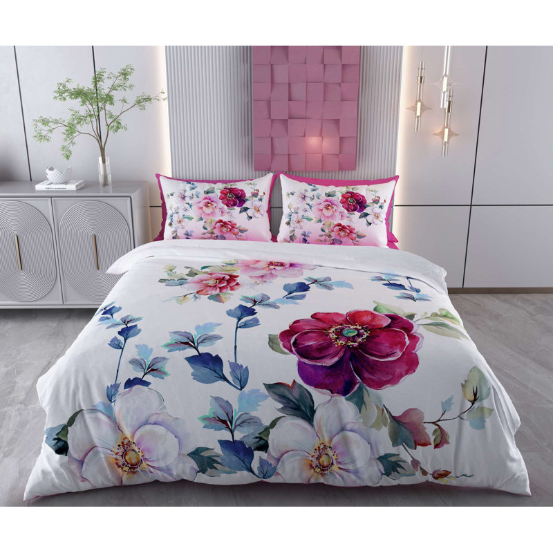 King Quilt Cover Set (3 Pieces), White, Green, Blue, Red, Purple | 70% Cotton / 30% Polyester, Duvet Cover: 102.4 x 86.6 inches | 145 Thread Count, Machine Washable, Elegant Envelope & Button Closure