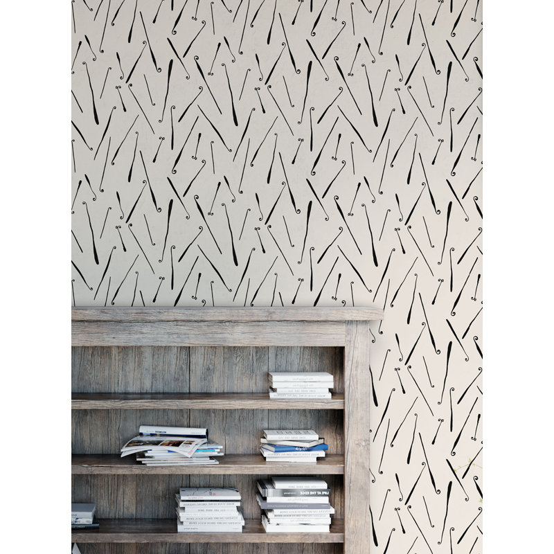 Scrolls 33' L x 20.5" W  Wallpaper Roll, Tan/Black