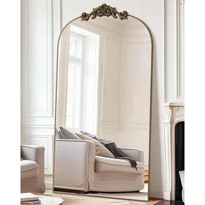 Miroir arqué pleine longueur, miroir pleine grandeur de 81 po x 41 po autoportant avec cadre en métal sculpté, grands miroirs de plancher pour HomeDecor, miroirs debout pour chambre à coucher et vestiaire, bronze