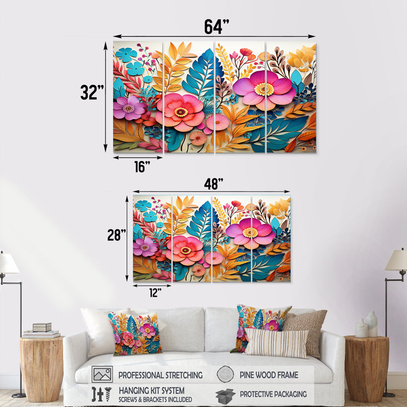 Collage de fleurs tropicales colorées et vibrantes - Fuschia, ensemble de 4 pièces d'art mural, H 32 po x l 64 po