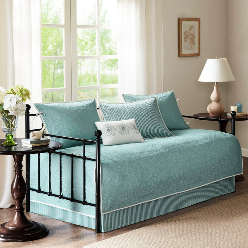 6 housses de lit de jour réversibles en bleu, taille simple, motif médaillon, avec housse, 3 taies décoratives et coussin décoratif bleu, 6 pièces, lit simple