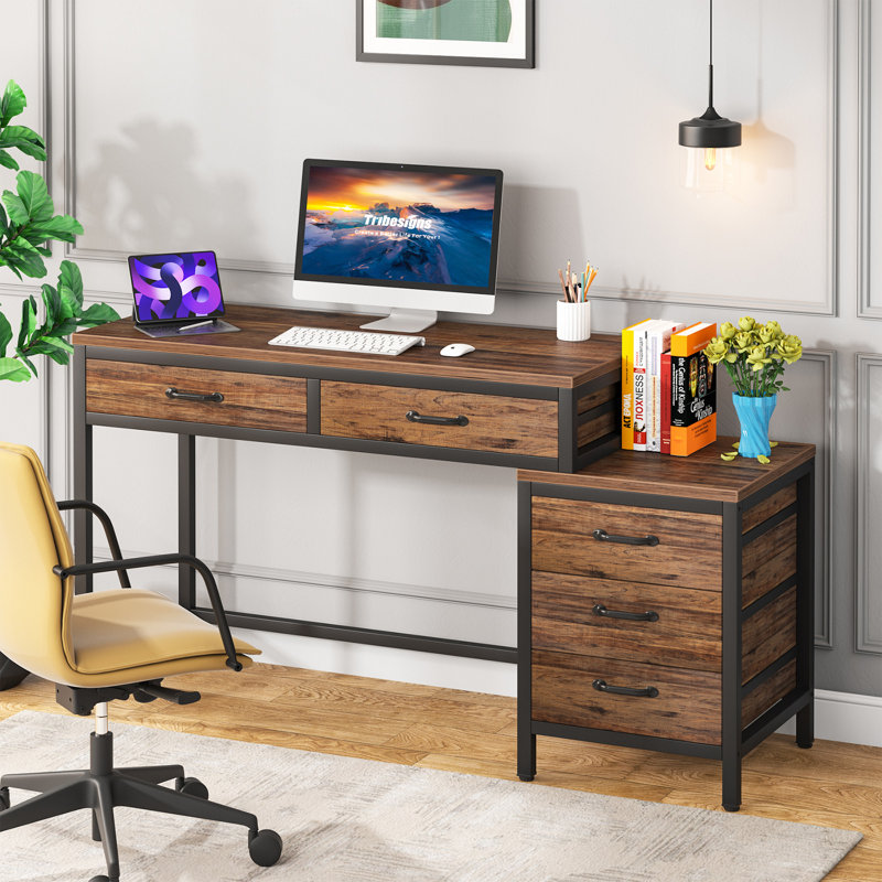 51''W Reversible Desk with Drawers, Brown/Black