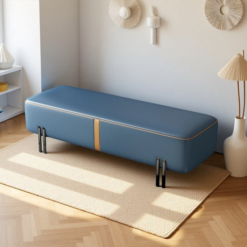 Banc minimaliste moderne en bois massif et cuir pour chambre et entrée, Bleu/jaune