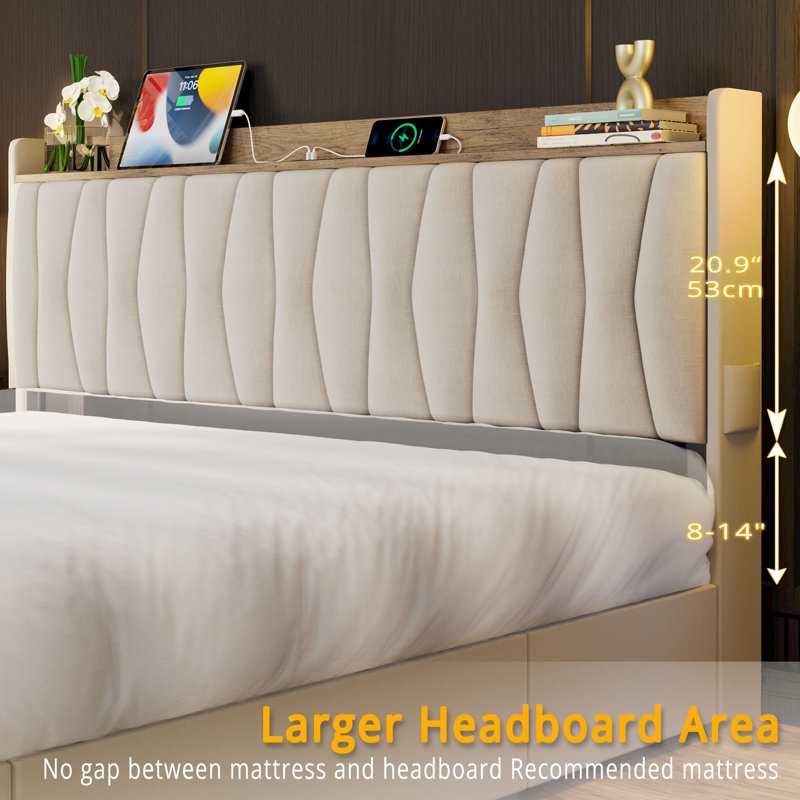 Beige Twin Upholstered Bed Frame with Storage and Charging Station