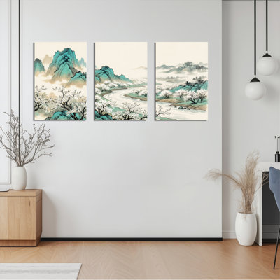 Ensemble de 3 tableaux sur toile représentant un paysage chinois avec des cerisiers en fleurs et des montagnes, idéal pour décorer un salon ou une chambre.