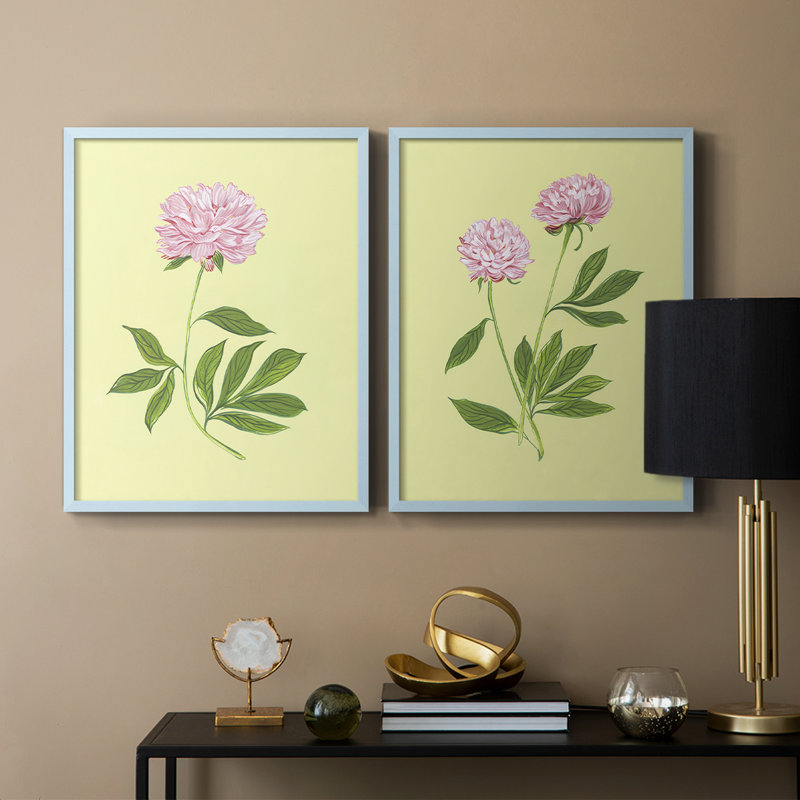 Pivoines en jaune I - reproduction encadrée de qualité supérieure - prête à être accrochée - aucun clou requis - aucun clou requis