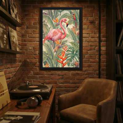Animaux, perroquet flamant rose, feuilles tropicales, fleurs, art de la jungle