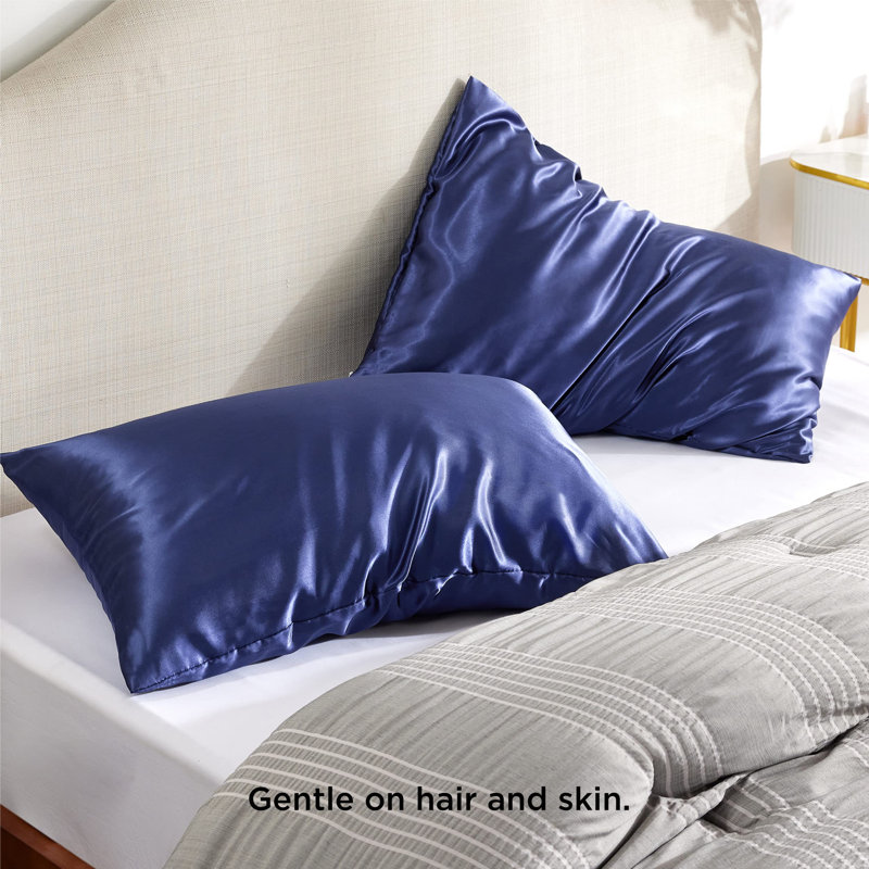 Ensemble de 2 taies d'oreiller en satin, Bleu marine, Taie d'oreiller standard