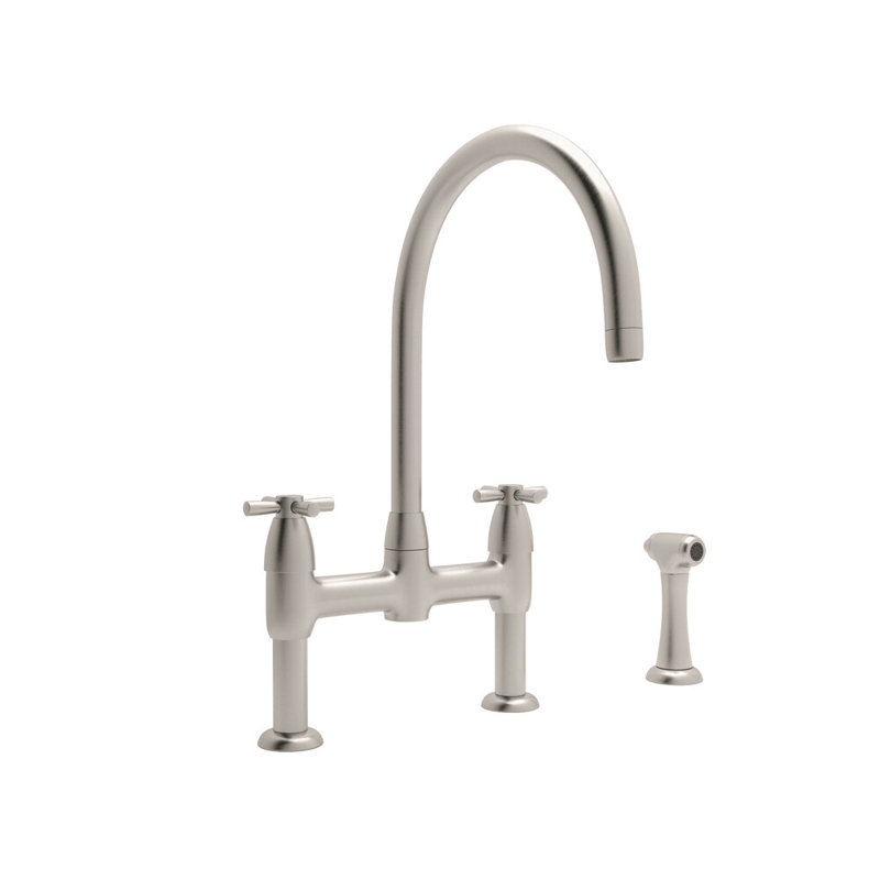 Holborn Bridge Kitchen Faucet With C-Spout and Side Spray, Satin Nickel, Cross