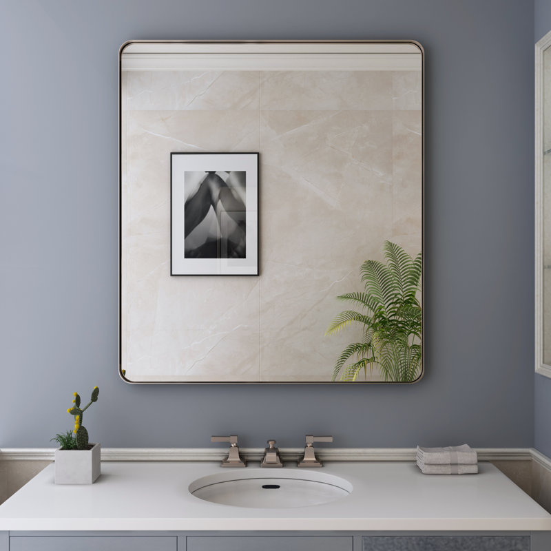 Lesamuel Filleted Corner Wall Mounted Bathroom and Vanity Mirror with Aluminum Frame, Rectangle, Brushed Nickel, 32" x 36"