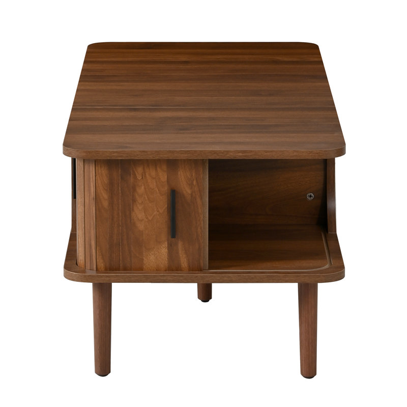 Retro Lift-Top Coffee Table with Sliding Door & Hidden Storage, Extendable MDF Desk with Wood Legs, Walnut