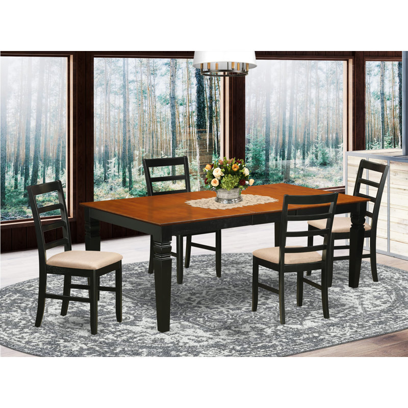 Ensemble de table de salle à manger 5 pièces moderne comprenant une table rectangulaire en bois avec feuille papillon et 4 chaises de salle à manger en tissu de lin, noir et cerise