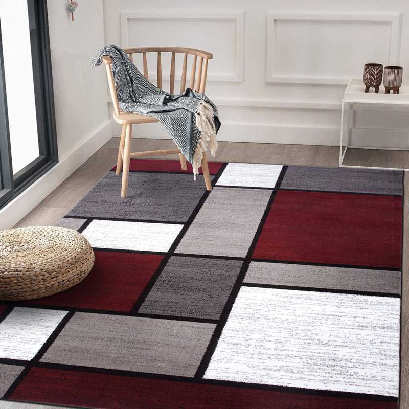 Tapis tissé à motif géométrique bleu marine / gris / blanc Mehul, Navy, Rond 6 pi 6 po