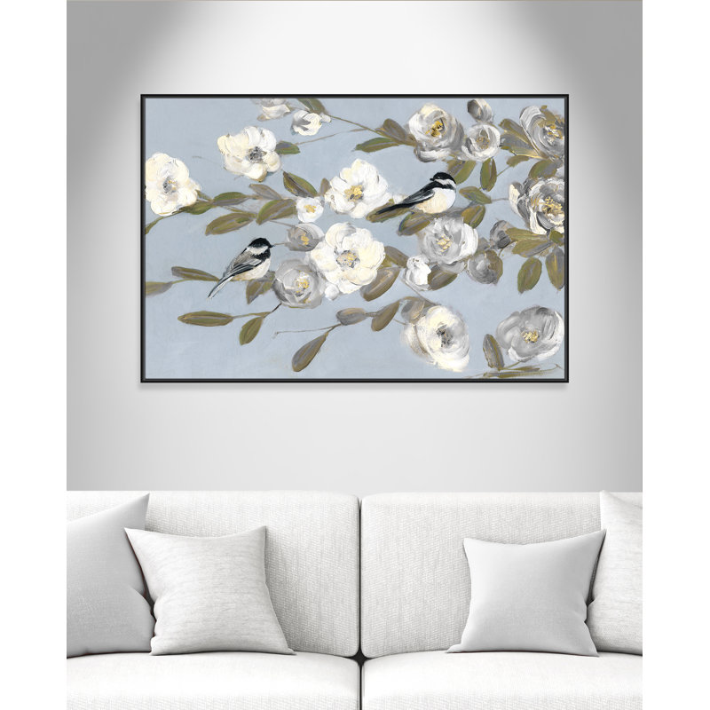 Chickadees And Blossoms I - Toile à cadre flottant, Cadre noir, H 41,5 po x l 61,5 po x P 2 po