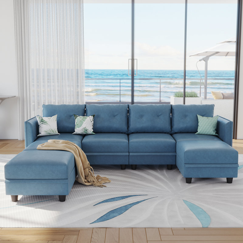 Zendajas 7 - Piece Modular U-Shape Sectional Sofa with Ottoman, Sky Blue Faux Leather