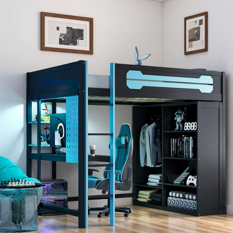 Lit mezzanine en bois avec bureau, garde-robe ouverte et lumière RVB, Bleu / Noir