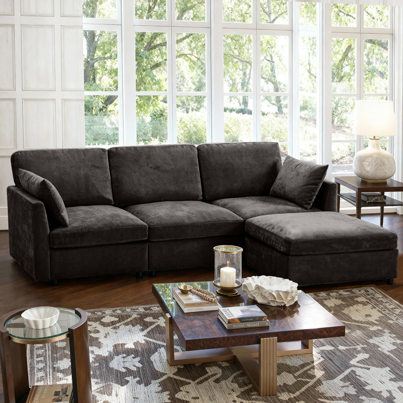 Sarang 4-Piece Modular Cloud Couch Reversible Sectional with Ottoman, Black Polyester Blend