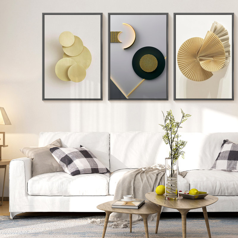 Cadre moderne abstrait encadré - ensemble de 3 reproductions sur toile, H 16 po x l 36 po x P 1,5 po, Noir