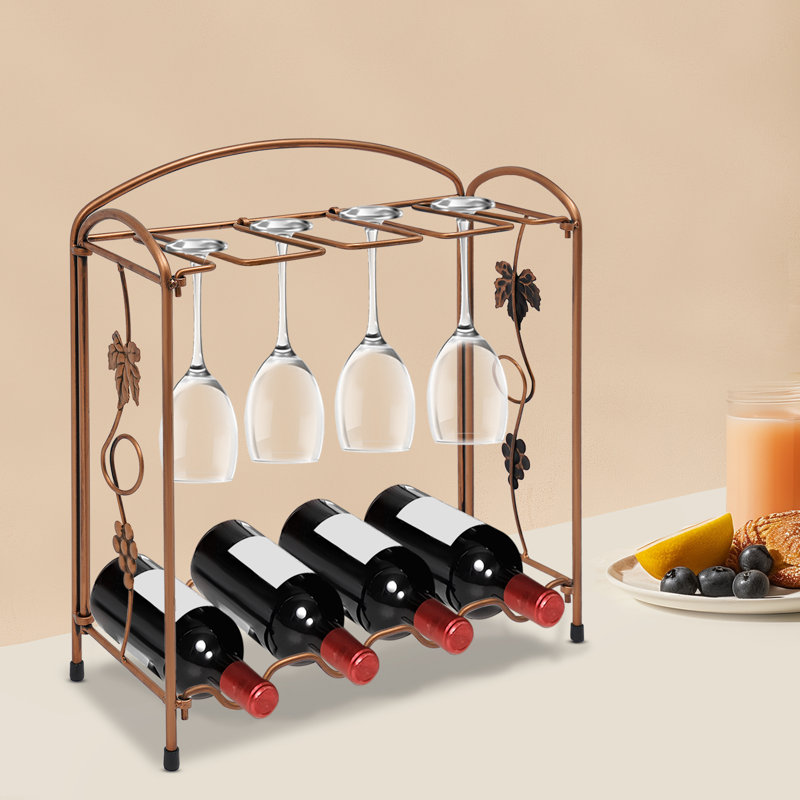Support à vin sur pied à 2 niveaux pour 4 bouteilles et 8 verres à pied, Rose Gold