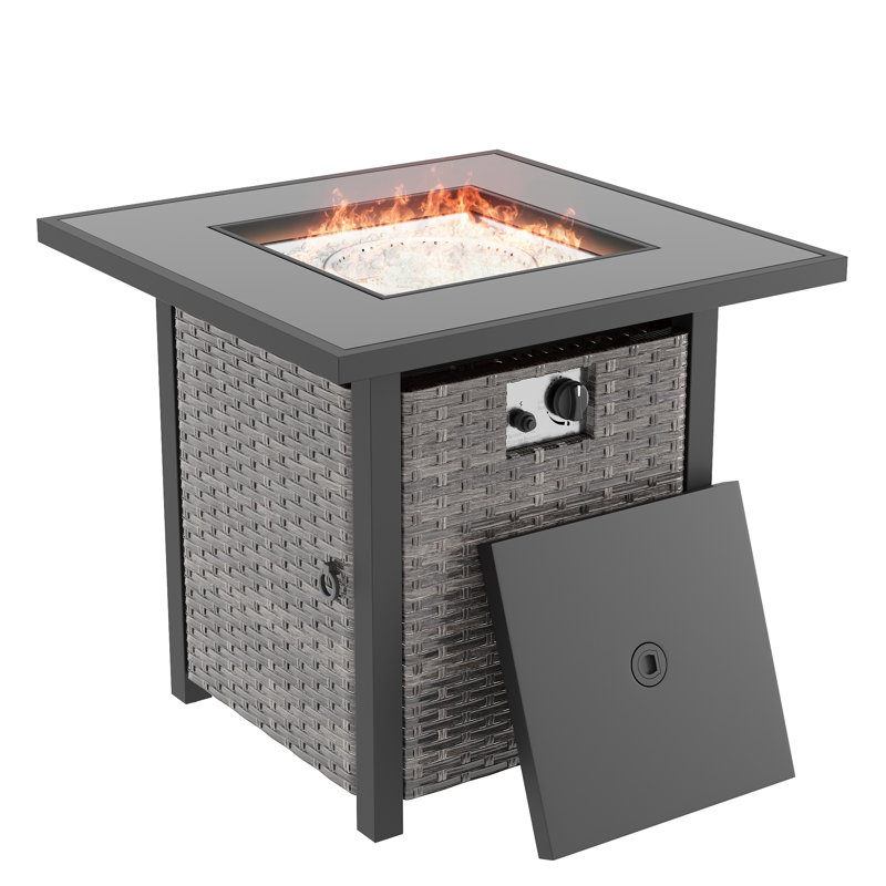 28'' Propane Gas Fire Pit Table with PE Rattan, Hidden Fuel Tank Storage & Lid for Patio CSA-Listed Outdoor Fire Pit Table with Fire Glass Beads
