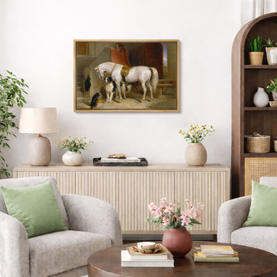 Illustration de cheval blanc et de chiens blancs, photos de l'entrée rustique, impression sur toile encadrée.