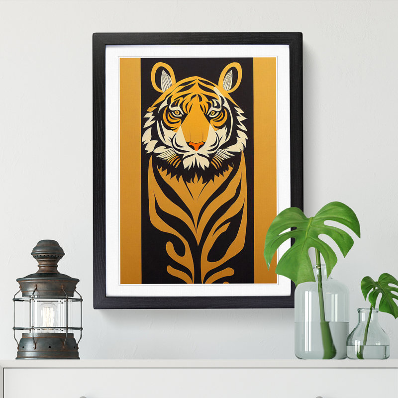 FRM-V0523-2520X Tiger Scroll Art Vol.2 - Single Picture Frame Print, Black, 64cm H x 46cm W x 2cm D