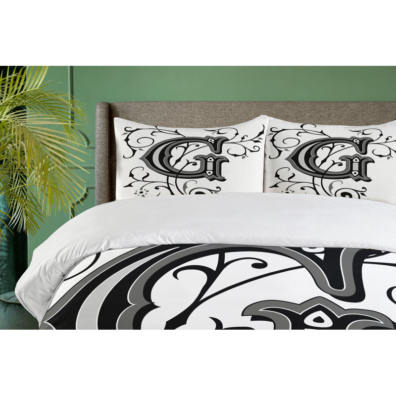 Black and White Queen Size Monogram Duvet Cover Set