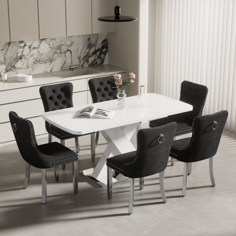 47.24''-63'' Extendable Dining Room Table Set, Black, 7, Matte White