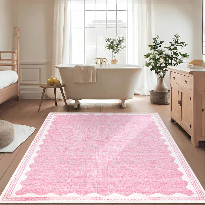 Scalloped Machine Washable Rug Modern Solid Floor Mats with Non-Slip Backing, Stain-Resistant Low Pile Accent Rug, Contemporary Indoor Carpet for Living Room, Bedroom, Office