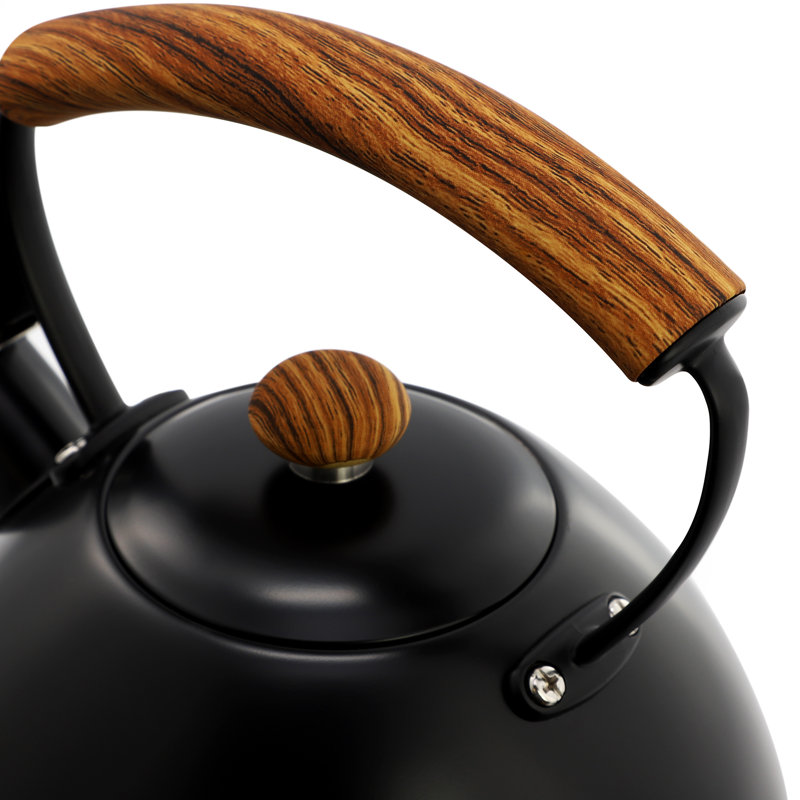 MegaChef 3.2 Quart Whistling Tea Kettle with Wood Grain Nylon Cool Touch Handle, Matte Black, Black