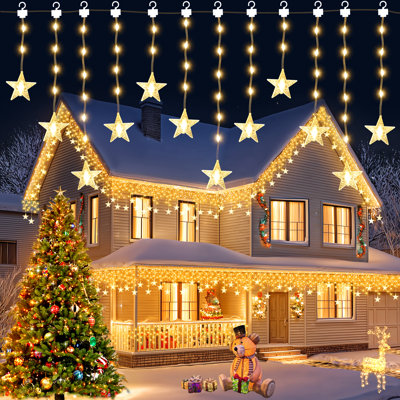 33FT 300 LEDs Christmas Icicle Lights With Star Pendants, Dual Color (Soft Warm/ Cool White)
