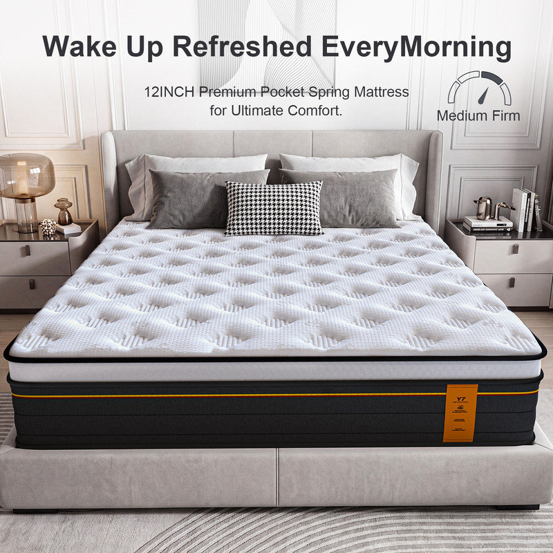 Matelas Queen Size à ressorts ensachés et mousse à mémoire de forme – Fermeté moyenne, ressorts indépendants, isolation des mouvements, emballé roulé