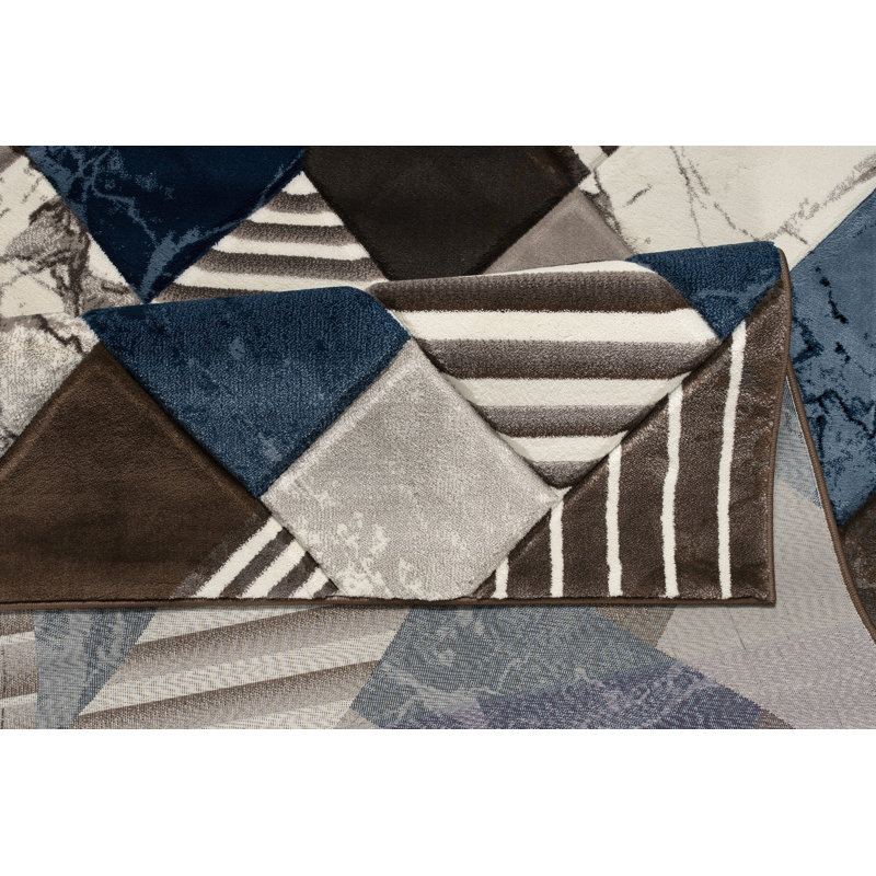 Tapis carré abstrait bleu / brun Genissa, Rectangle 2 pi 1 po x 3 pi 3 po
