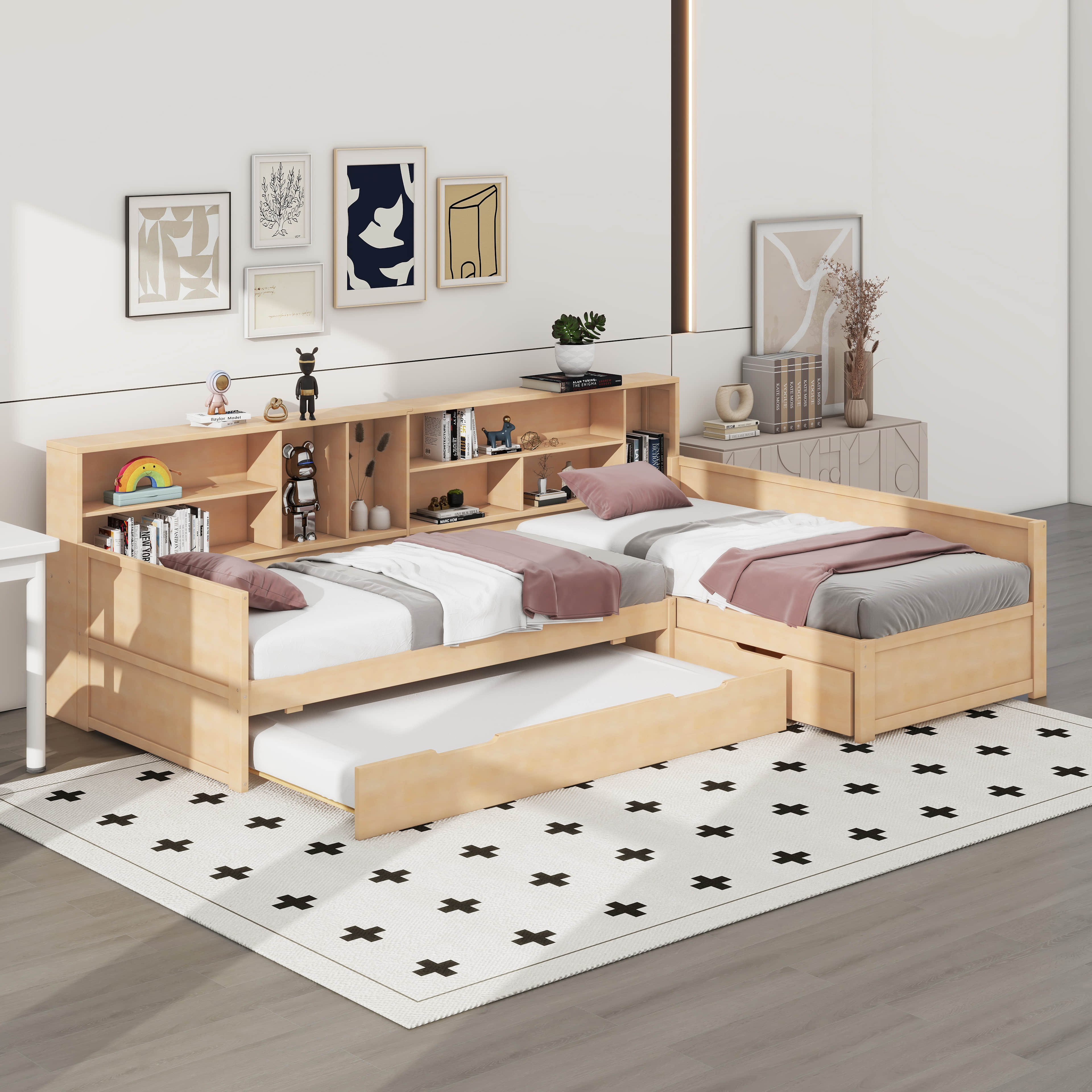 Harriet Bee Twin Size Wooden L Shaped Daybed With Under-Bed Trundle And ...