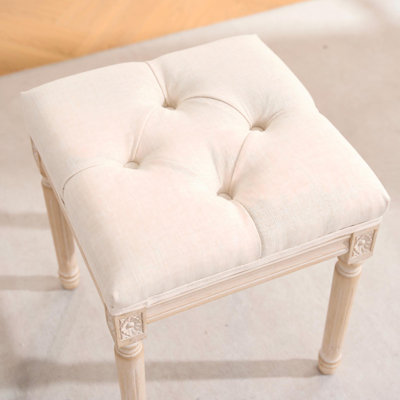 Banc de style français, banc d'entrée en tissu de lin, banc de lit capitonné avec pieds en bois brossé, beige