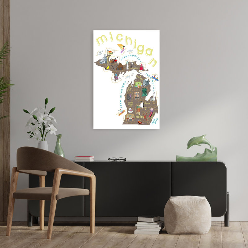 Illustrated Map Of Michigan Abstract Contemporary Architecture City Wall Art Print 1 Piece Wrapped Canvas Wall Art