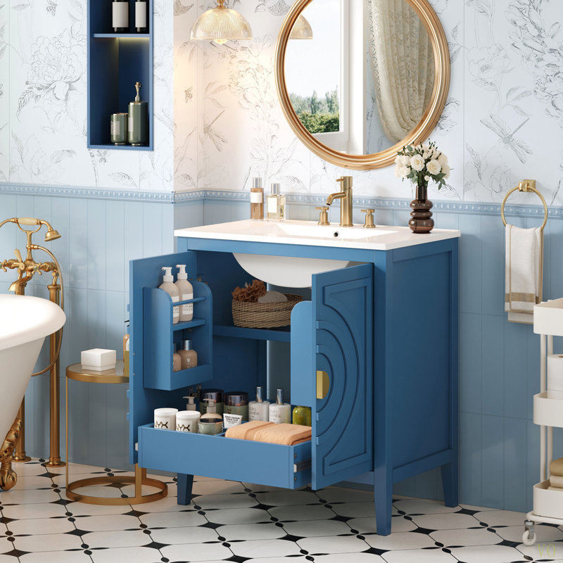 Armoire de rangement pour salle de bain 30 po avec 2 grandes portes à fermeture douce avec organisateur, 1 tiroir dissimulé et tablette réglable, meuble-lavabo avec lavabo
