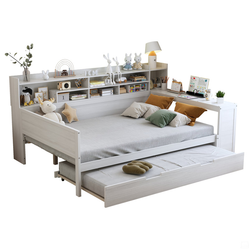 Lit de jour double en bois avec tablettes de rangement, lit gigogne simple, Blanc