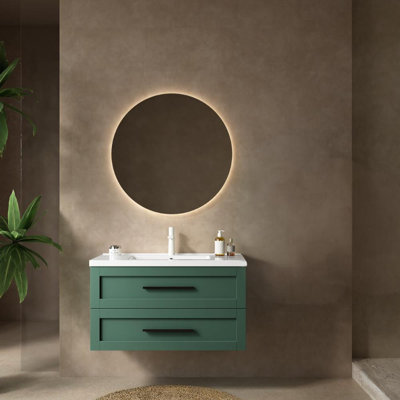 Meuble-lavabo flottant mural moderne 36 po avec lavabo, armoire de rangement avec 2 tiroirs, lavabo en céramique blanche sans robinet, vert
